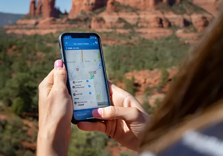Hands holding a smartphone displaying a map with Sedona hiking trails, shuttle routes, and parking info, representing a strategic hiker's playbook for logistics.