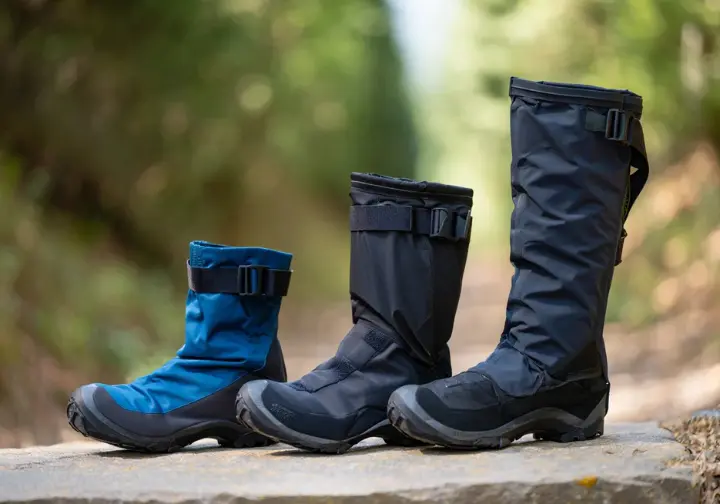 Three distinct pairs of hiking gaiters (low, mid-calf, full-height) displayed on a natural surface, illustrating the main types for hiking.