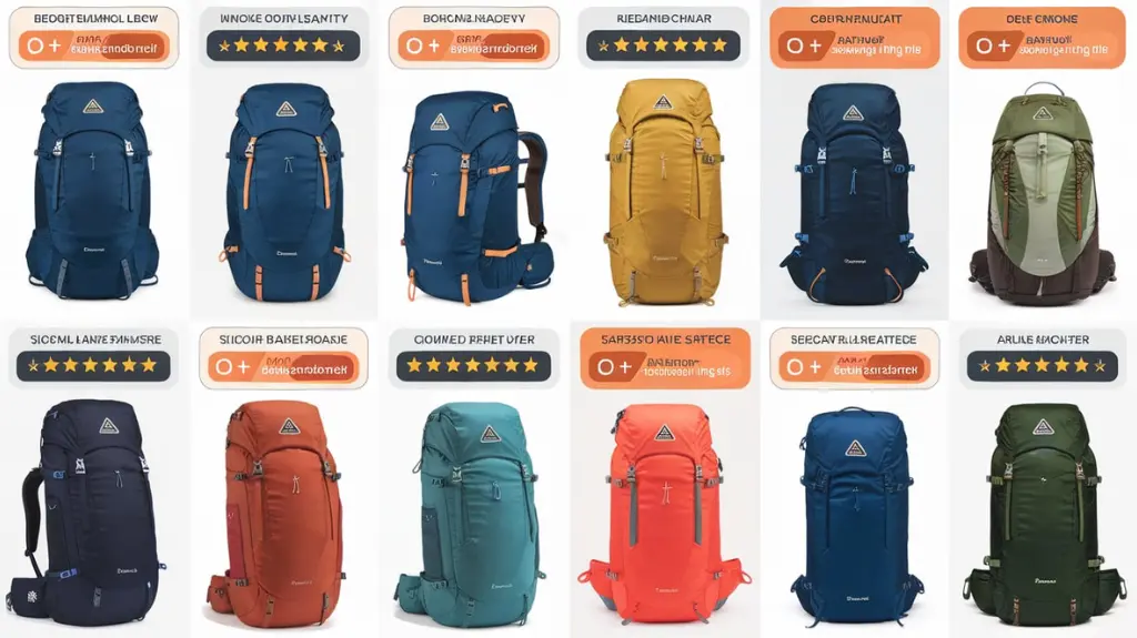 A collage of top-rated backpacking backpacks for travel, showing different designs, colors, and features.