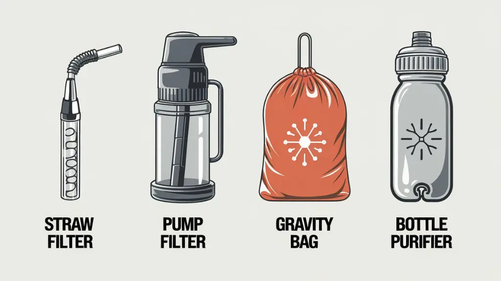 Various water filter purifier options for camping, including straw, pump, gravity bag, and bottle filters, each with unique features.