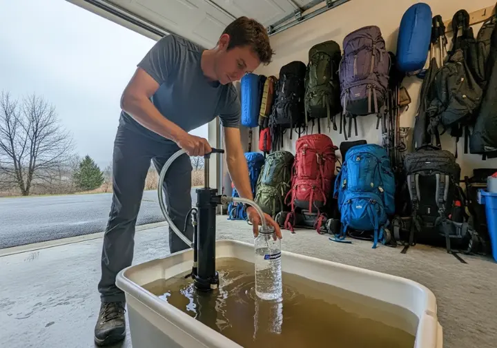 A person stands in a gear room, testing a pump-style water filter by pumping murky water from a tub into a clean bottle.