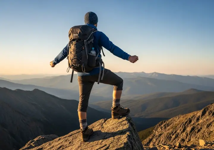 A full-body shot of a hiker standing on a mountain summit at sunset, looking out over a valley.