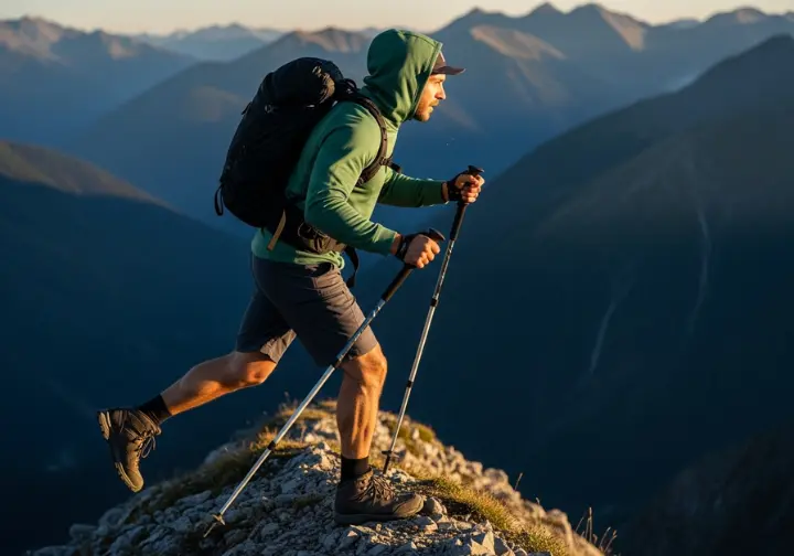 A hiker in full gear walks along a scenic mountain ridge at golden hour, using lightweight trekking poles.