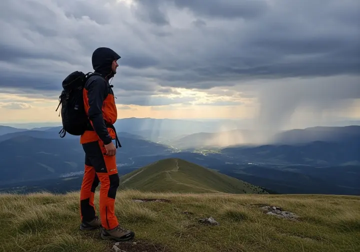 A full-body shot of a hiker in an orange rain jacket on a mountain summit, looking out at a valley with mixed weather conditions.