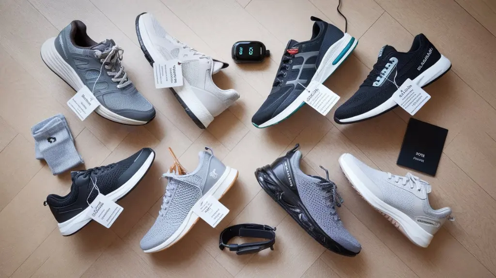 Flat lay of 2025's best walking sneakers with tags highlighting features like lightweight and arch support. 