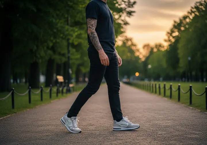 A full-body shot of a person enjoying a comfortable walk in a park with top-rated sneakers.