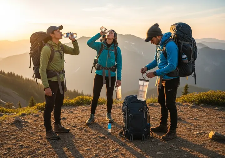 Three hikers use three different types of water filters—a purifier bottle, a squeeze filter, and a gravity system—at a scenic trail overlook.