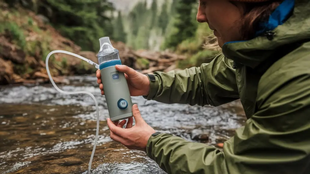 Hiker choosing the best portable water filter purifier by a lake for practical camping use.