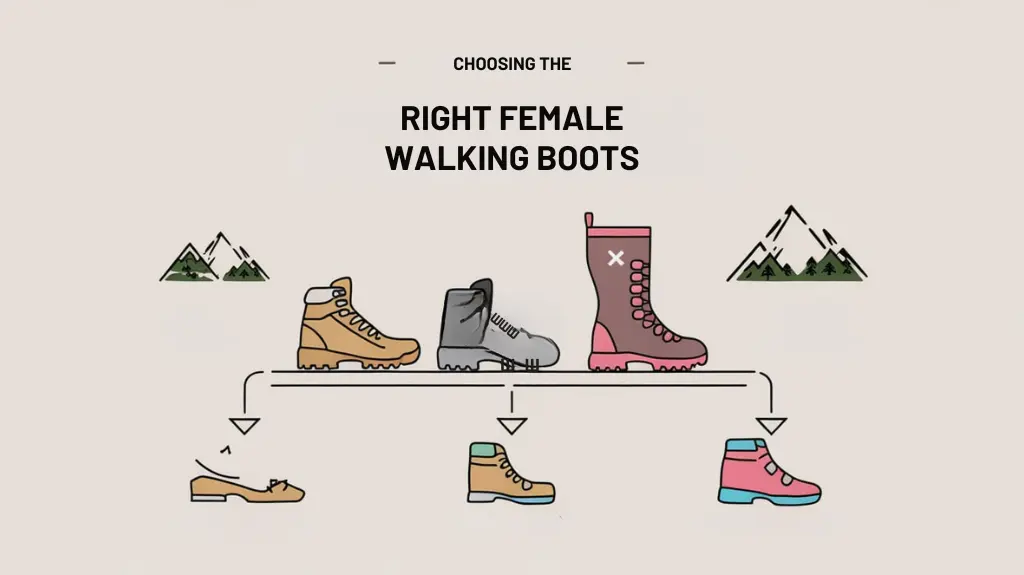 Infographic guide on choosing the right female walking boots, highlighting factors like terrain, foot shape, and boot height.