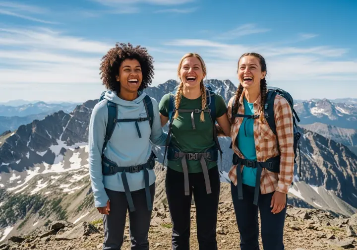 A full-body shot of three diverse women hikers wearing different styles of hiking shirts, celebrating together at a sunny mountain summit.
