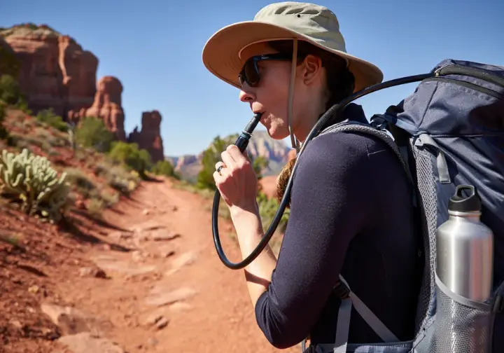 A female hiker takes a drink from a hydration pack on a sun-drenched desert trail in Sedona, emphasizing essential safety and responsible hiking.