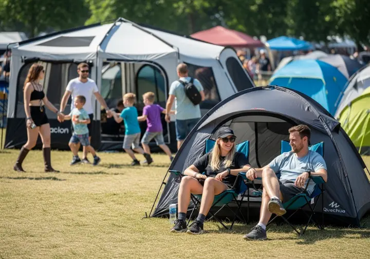 A full-body shot showing different groups of people enjoying various pop-up and instant tents at a sunny festival campground.