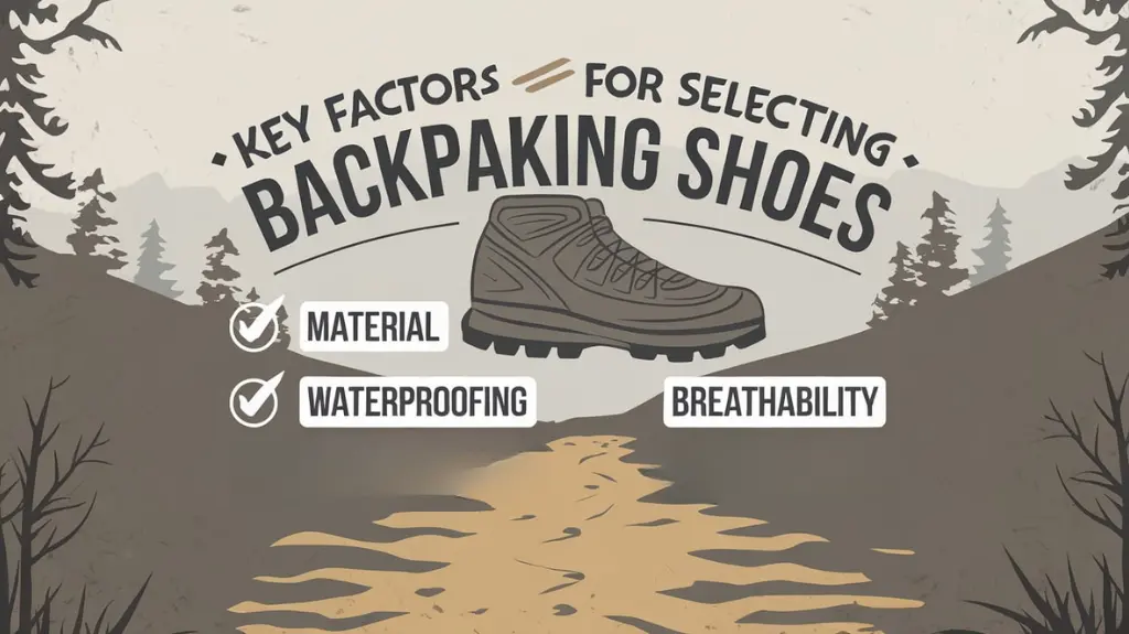 Checklist for choosing the best backpacking shoes, featuring factors like material, waterproofing, and support for hikers.