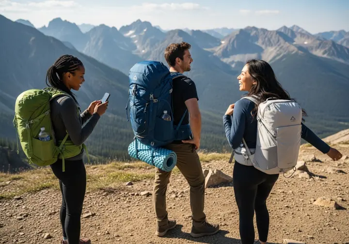A full-body shot of three hikers on a trail, each with a different style of backpack for hiking and travel, showcasing a variety of options.