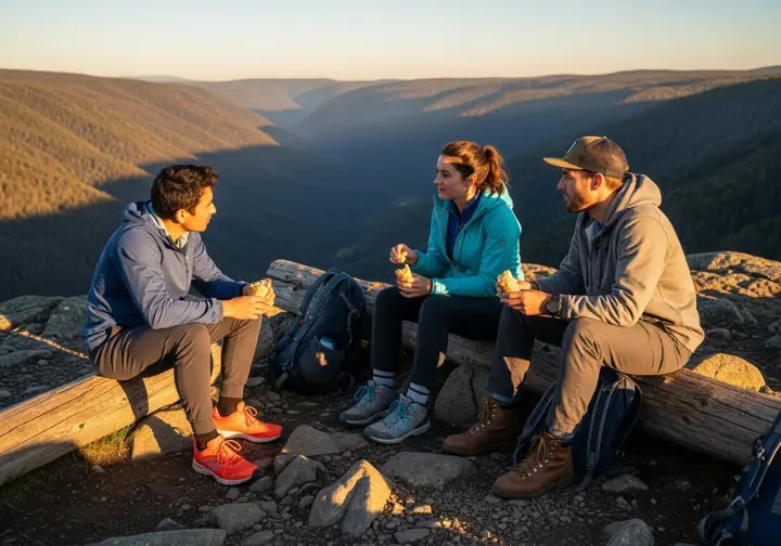 Three hikers wearing trail runners, hiking shoes, and hiking boots take a break at a scenic mountain overlook.