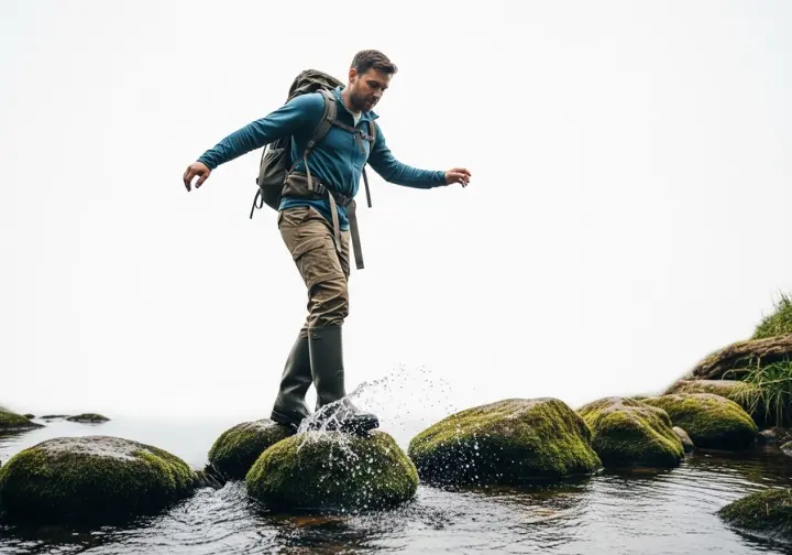 Full-body shot of a hiker carefully crossing a rocky stream, with water splashing on his hiking trousers and boots.
