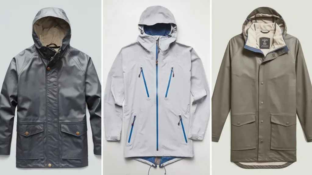 Comparison of rain jackets showing key features like adjustable hoods, waterproof zippers, and ventilation panels.