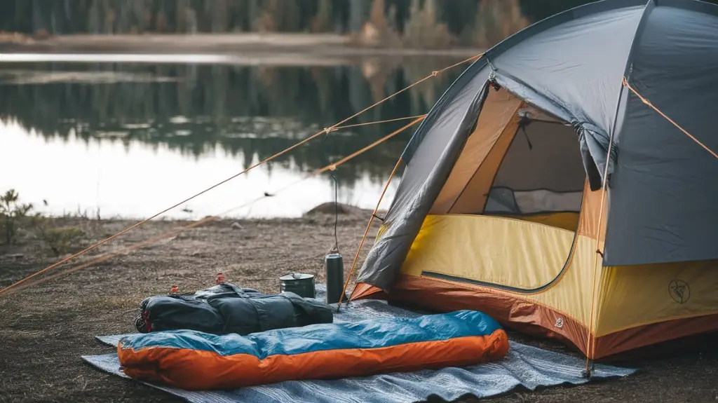 Organized campsite with a securely pitched tent, gear neatly arranged, and a serene lake in the background for backpacking success.