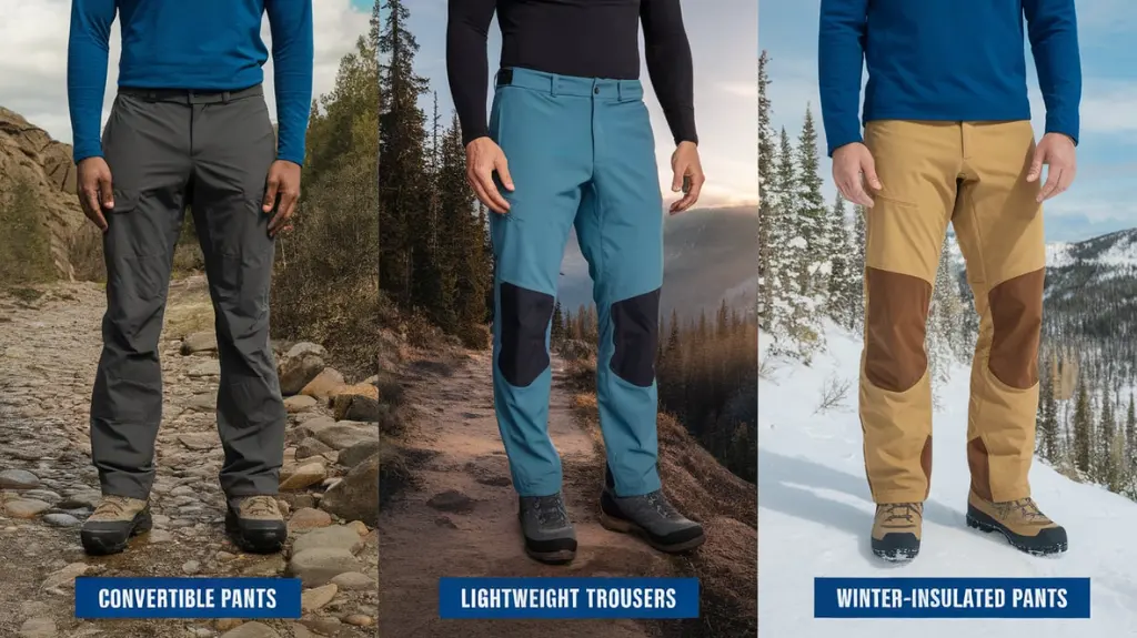 Comparison of different types of hiking men's trousers, including convertible, lightweight, and insulated winter pants for various terrains.