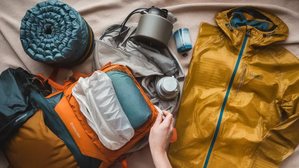 Flat lay of ultralight backpacking gear, demonstrating packing techniques and optimization for lightweight travel.