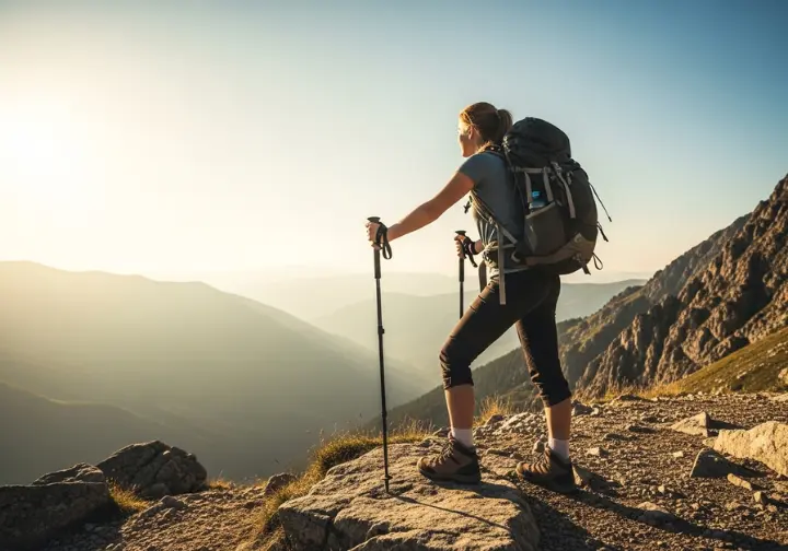 A full-body shot of a female hiker with a backpack and trekking poles standing at a scenic mountain overlook.