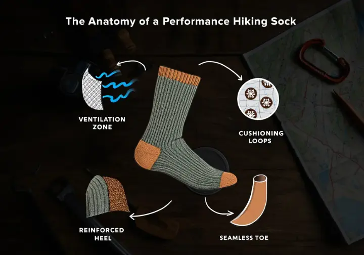 An infographic titled "The Anatomy of a Performance Hiking Sock" shows a detailed cross-section of a sock on a rustic wooden background, with visual call-outs for cushioning, a reinforced heel, a ventilation zone, and a seamless toe.