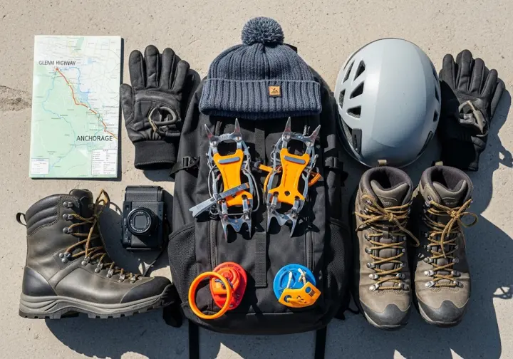 Flat lay of essential gear for a Matanuska Glacier walk, including boots, crampons, helmet, and map, illustrating logistics, gear, and preparation.