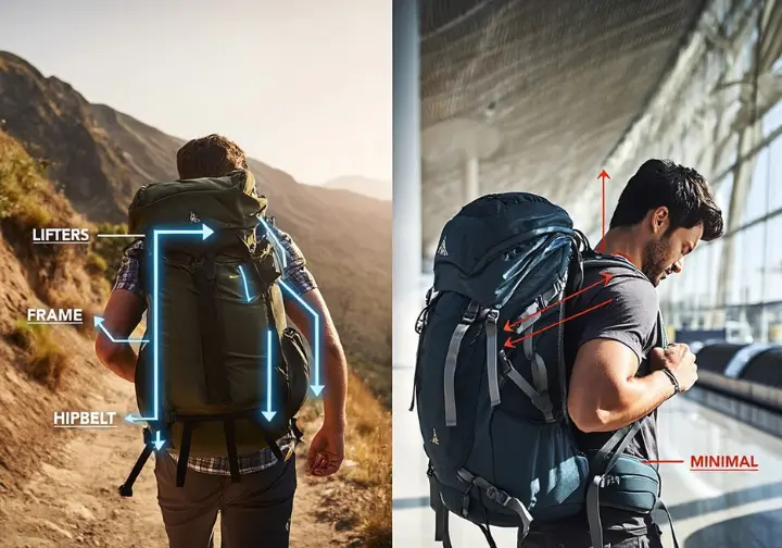 An infographic titled "The Tale of Two Suspensions" comparing a backpacking suspension system with a travel pack harness. On the left, a hiker on a trail wears a pack with a rigid frame and hip belt, with arrows showing weight transfer to the hips. On the right, a traveler in an airport wears a pack with minimal straps, with arrows showing weight pressing down on the shoulders.