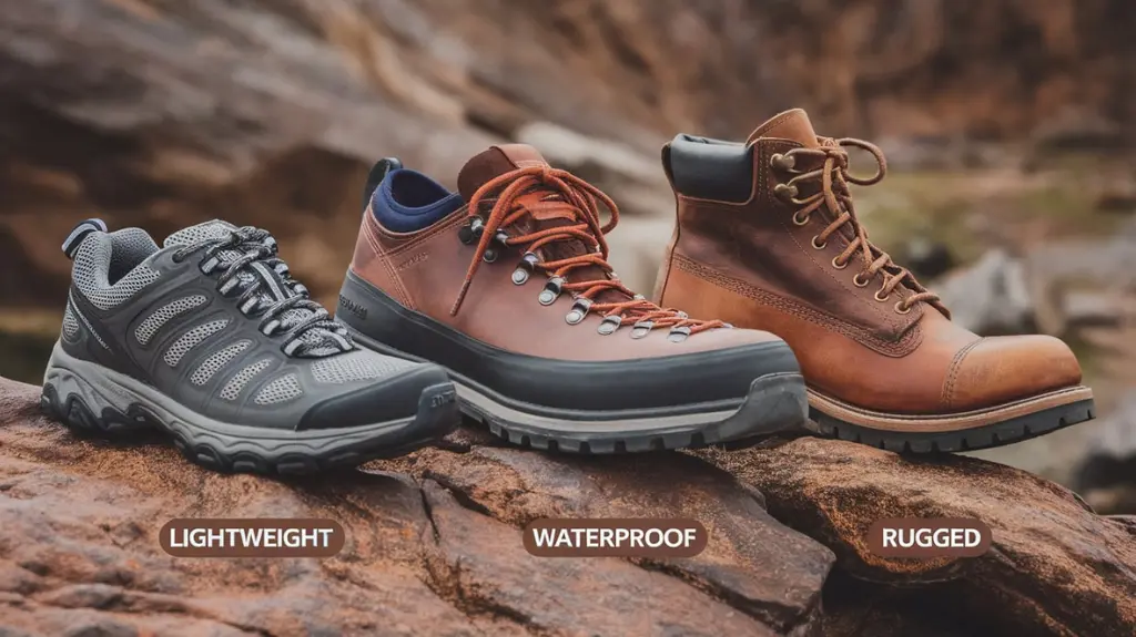 Display of top backpacking shoes, each recommended for different needs such as lightweight, waterproof, and rugged hiking.