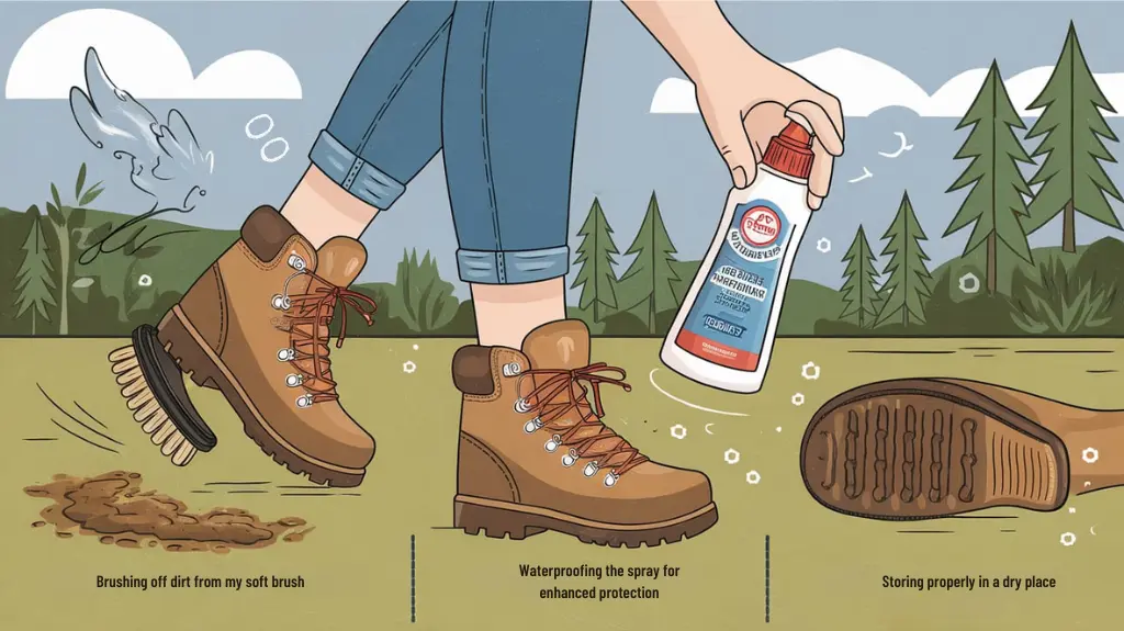 Step-by-step guide on caring for female walking boots, showing cleaning, waterproofing, and storage tips.