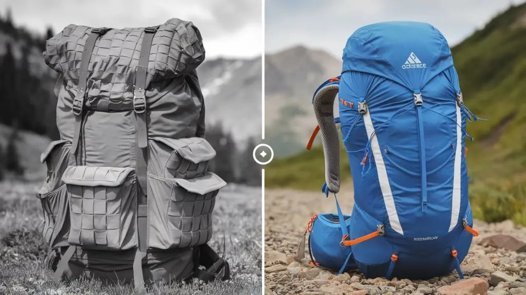 A timeline showcasing the evolution of ultralight backpacking gear, from heavy to modern, high-tech backpacks.