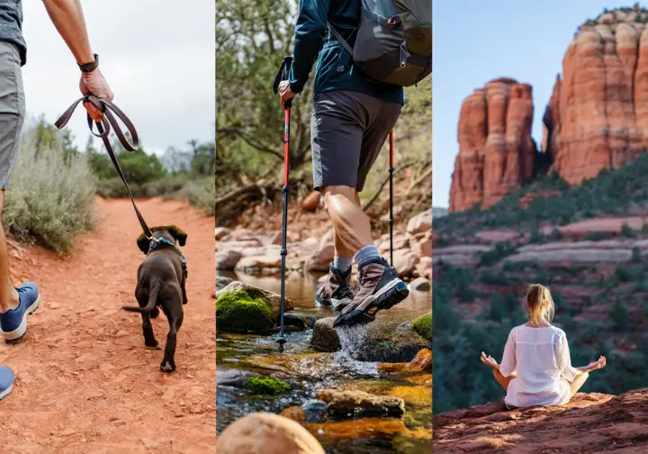 Multi-panel image showing dog-friendly hiking, a hiker crossing water, and meditation at a vortex site, representing diverse interests for hiking trails in Sedona.