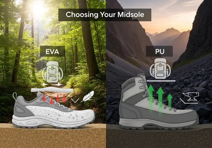 An infographic visually comparing EVA and PU midsoles for hiking boots, set against a split background of a sunny trail and a rugged mountain, demonstrating the differences in durability and support.