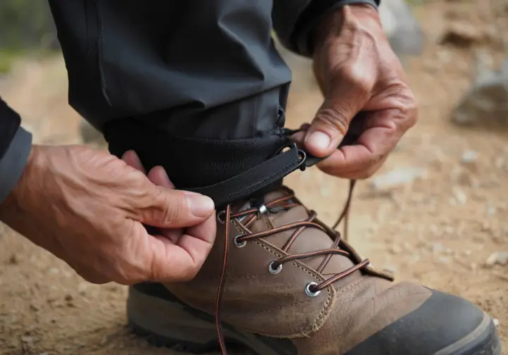 Close-up of a hiker's hands attaching a gaiter's front hook to boot laces, demonstrating how to correctly put on hiking gaiters.