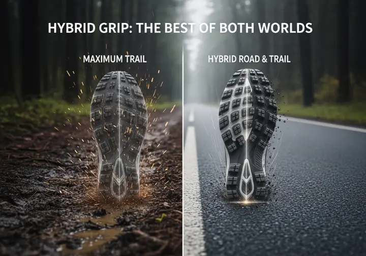 A side-by-side diagram comparing a deep-lug trail shoe outsole with a hybrid outsole, set on a split background of pavement and trail to visually explain the difference in grip and versatility.