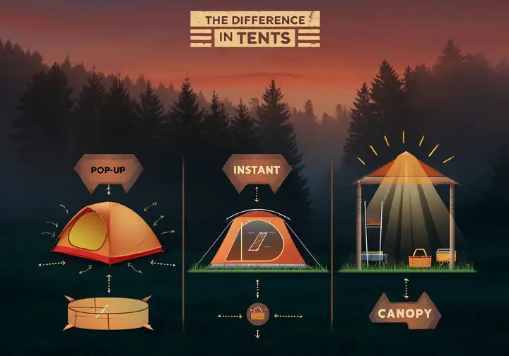 An infographic illustrating the differences between Pop-Up, Instant, and Canopy tents against a scenic, atmospheric campsite background, using visual cues to explain their function rather than text.