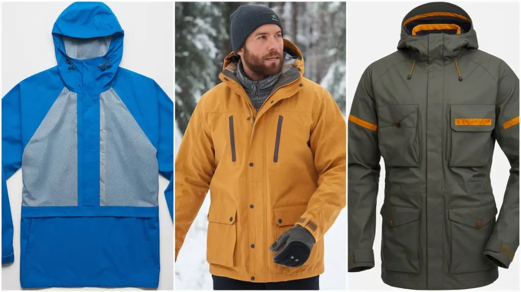 Collage of top waterproof rain jackets for men, labeled for different hiking needs like warm weather, cold weather, and rugged terrain.