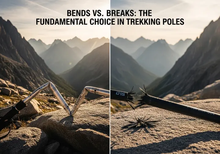 A powerful side-by-side comparison image. The left panel shows a bent but intact aluminum trekking pole, while the right panel shows a carbon fiber pole that has snapped in two. The scene is a rugged mountain trail.