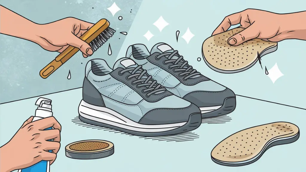 Illustration showing the care process for walking sneakers, including cleaning, spraying for water resistance, and airing insoles.