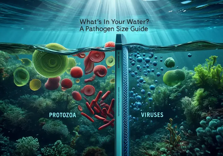 An infographic titled "What's In Your Water?" showing that a 0.2 micron filter blocks larger protozoa and bacteria, but allows tiny viruses to pass through, illustrating the difference between a water filter and a purifier.