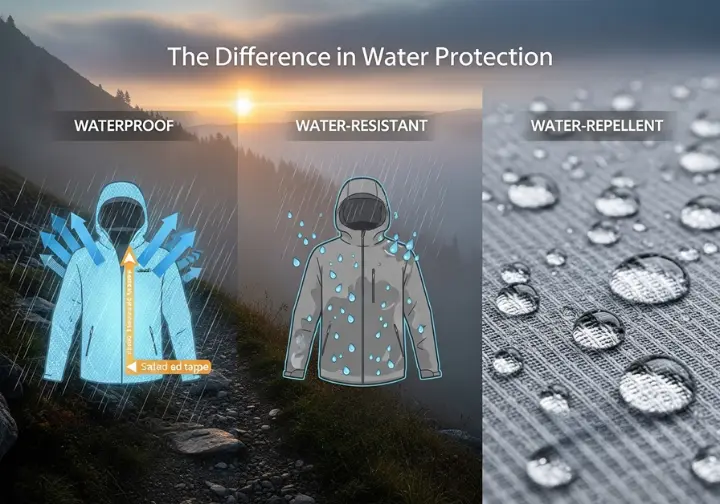 An infographic visually explaining the difference between waterproof, water-resistant, and water-repellent fabrics for outdoor gear. The image shows three jackets under different weather conditions, illustrating how each material handles moisture, set against a misty mountain background.