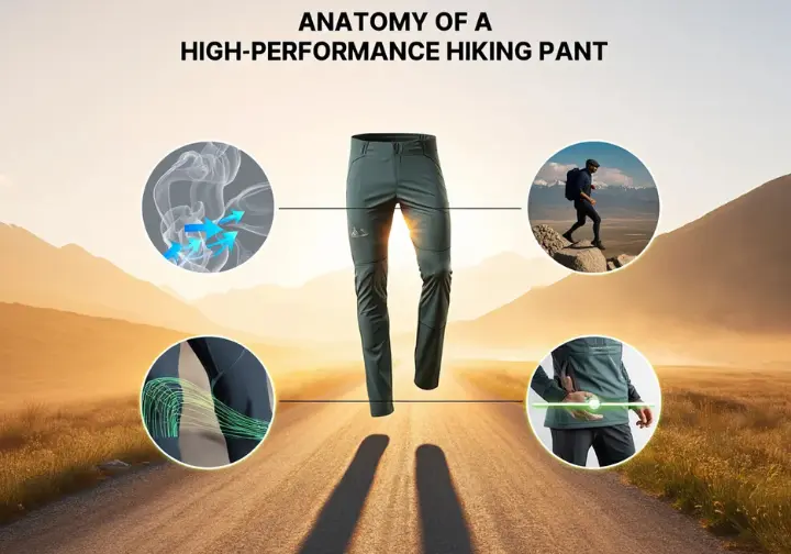 A diagram titled "Anatomy of a High-Performance Hiking Pant," showing a technical hiking pant against a mountain backdrop. Visual callouts demonstrate the benefits of a gusseted crotch for movement, articulated knees for flexibility, and an integrated belt for comfort under a backpack hip belt.