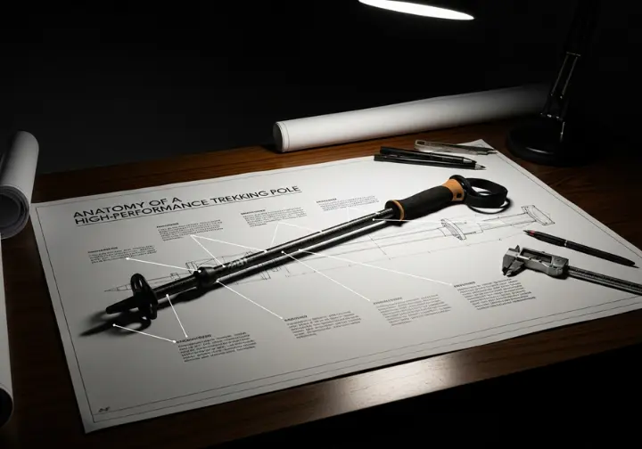 A detailed diagram illustrating the key components of a high-performance trekking pole, presented as a technical blueprint on a designer's drafting table.