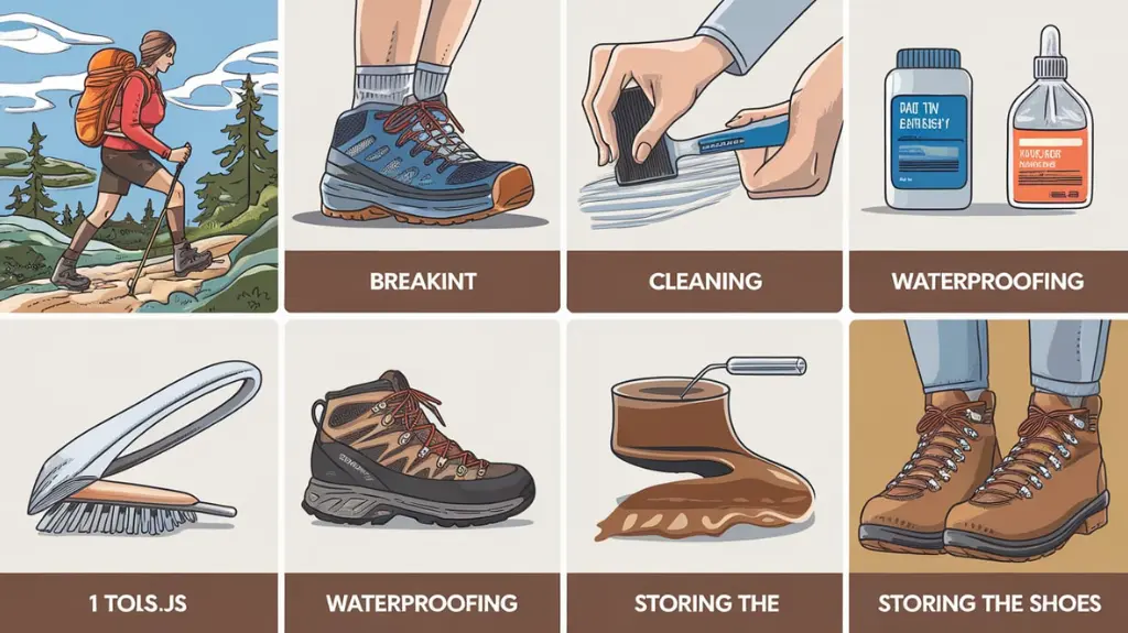 Guide showing how to break in backpacking shoes and care for them, including cleaning, waterproofing, and storage tips.