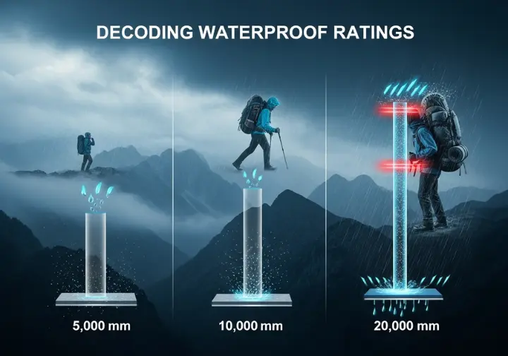 An infographic diagram explaining waterproof ratings for outdoor gear. It features three sections (5,000mm, 10,000mm, 20,000mm) showing a water column test on fabric, visually linked to a hiker experiencing the corresponding weather conditions, from light rain to a severe mountain storm with a heavy pack.