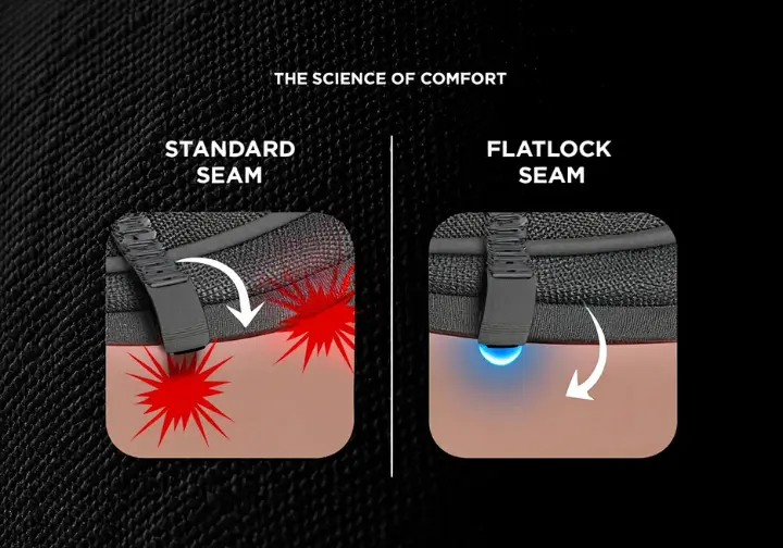 A side-by-side diagram visually comparing a standard seam causing chafing under a backpack strap versus a flatlock seam that lies flat and prevents irritation.