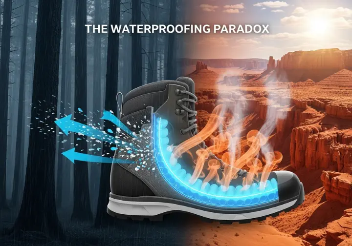 An infographic titled "The Waterproofing Paradox," illustrating how a waterproof membrane in a hiking boot effectively blocks rain from the outside while simultaneously trapping sweat vapor on the inside.