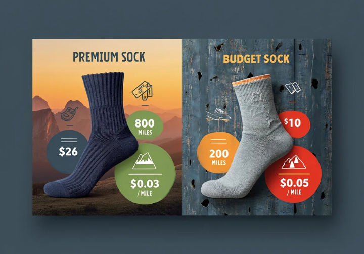 An infographic titled "Calculating Your 'Cost-Per-Mile'," comparing a premium sock at $0.03/mile with a budget sock at $0.05/mile, visually demonstrating that the higher-priced sock offers better long-term value.