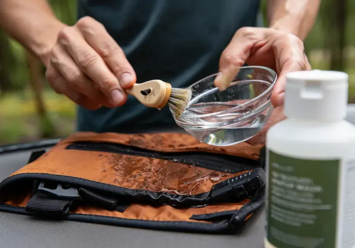 Hands cleaning a muddy hiking gaiter with a brush and water, representing essential cleaning and maintenance to keep gaiters trail-ready.