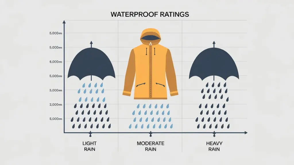 Infographic showing waterproof ratings and technologies in rain jackets, explaining different performance levels.